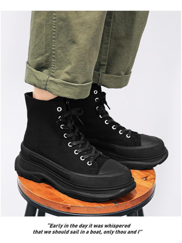 Men's Winter High-Top Canvas Shoes, Platform Height-Boosting, Hong Kong Style Casual Sneakers for Teens