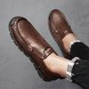 FashionMens Genuine Leather Shoes Slip On British Style Leisure Loafers Shoes Soft Bottom Wear-resistant Comfortable Shoes Men Footwear