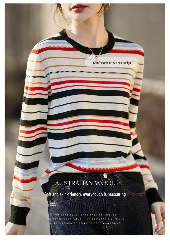 Women's French Retro Stripe Knitwear - Long Sleeve, Round Neck, Slimming Base Layer for Spring/Autumn