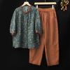 Women's Summer Cotton and Linen Short Sleeve Suit Korean Version Printed Retro Top + Pants Two-piece Suit Women