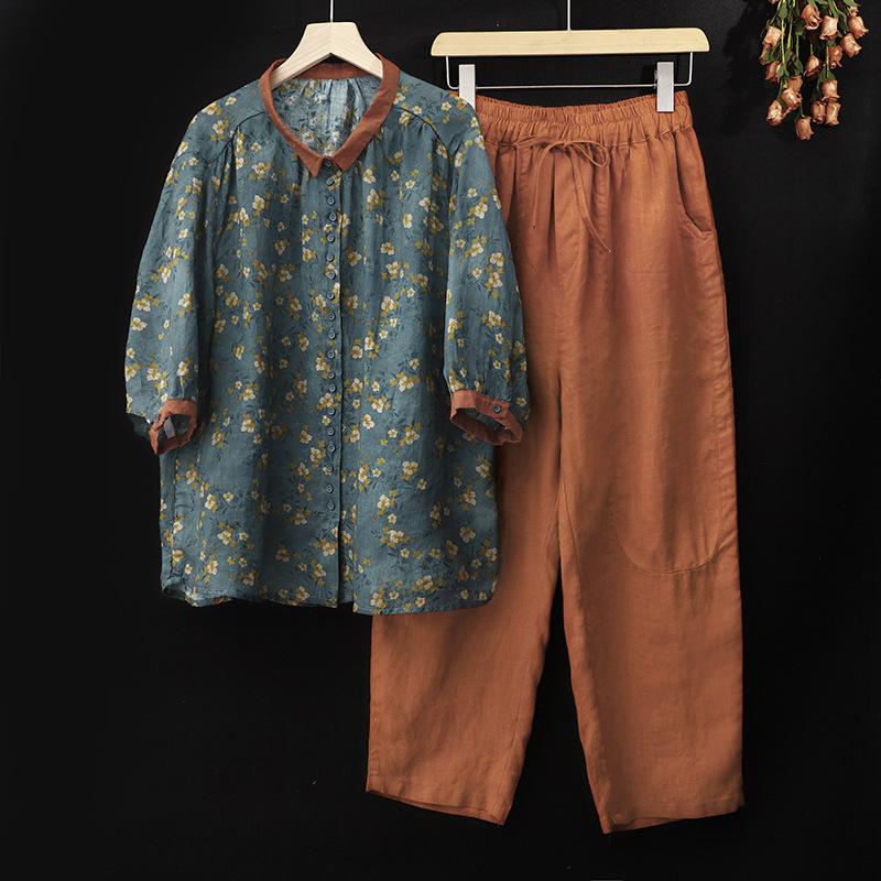 Женский летний костюм из хлопка и льна с коротким рукавом, корейская версия, напечатанный ретро-топ + брюки, женский костюм-двойка