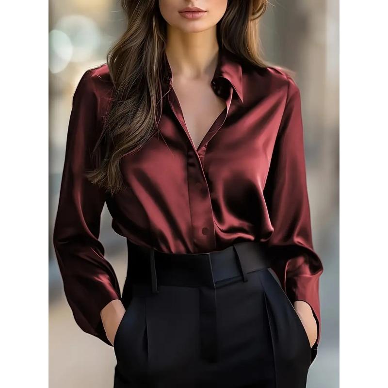 Women S Long Sleeve V Neck Button Down Solid Color Elegant Blouse
