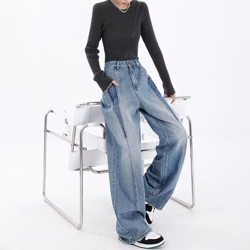 Blue Baggy Jeans for Women Clothing Spring Autumn Plus Size Denim Trousers High Waist Wide-leg Pants Y2k Style Streetwear