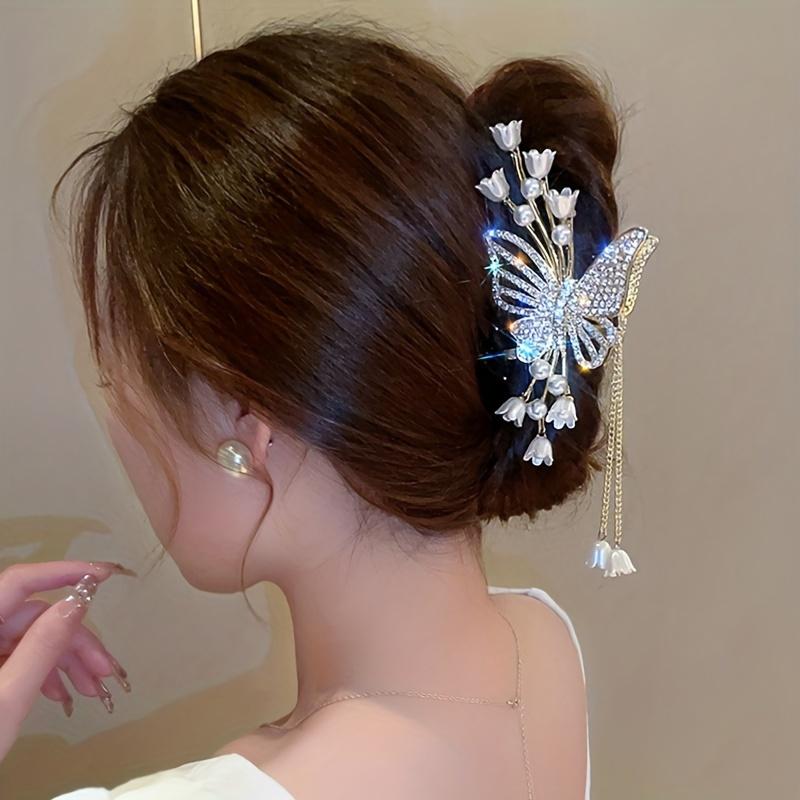1Pc Cool Flower Butterfly Rhinestone Artificial Pearl Tassel Hairpin, Fairy Hair Accessories, Ideal for Gifts