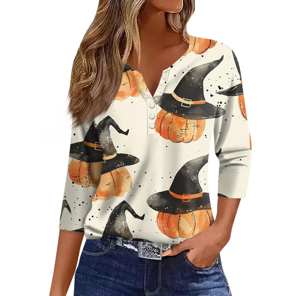 Жен. Футболка Футболка С принтом Пуговицы Рукав 3/4 Повседневные Выходные Мода Классический V-образный вырез Обычный Топ