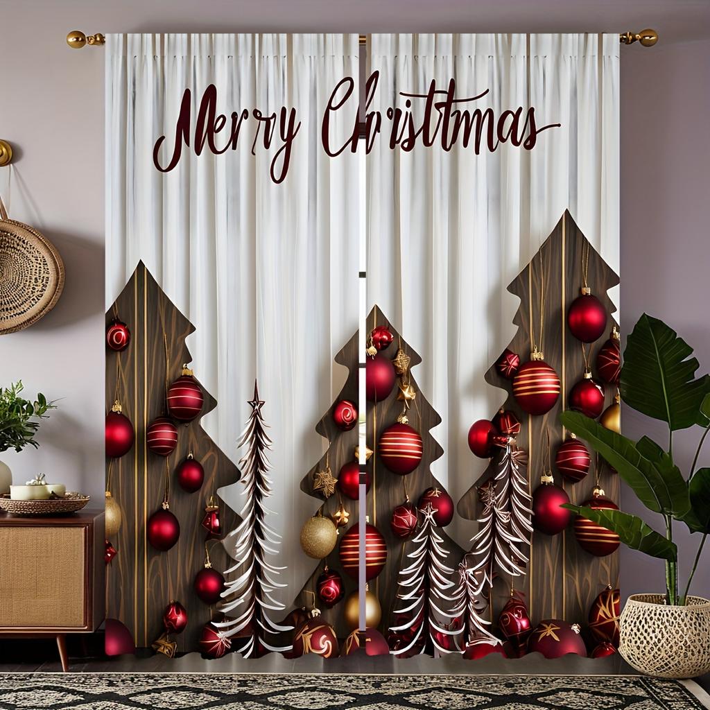 2pcs Luxurious Christmas Lights Print Curtains Set Semi-Sheer Polyester With Rod Pocket For Easy Hanging For Bedroom Living Room