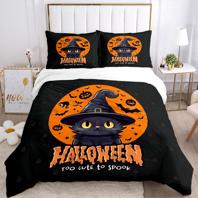 3pcs Cute Happy Halloween Cat Witch Hat Bedding Set - 1 Soft Quilt Cover + 2 Pillowcases, Machine Washable - Suitable for All Seasons, Perfe