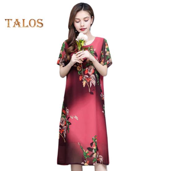 Женское летнее платье среднего возраста с цветочным принтом, круглым вырезом, короткими рукавами, двухслойное платье длиной до колена, больших размеров, свободное женское платье миди для выпускного вечера