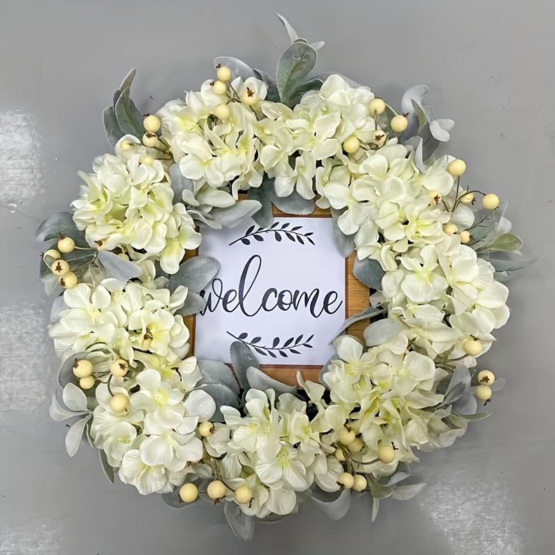 Premium Wedding Hydrangea Wreath Realistic Flowers with White Berries and a Built-in Welcome Sign, Suitable for Front Door