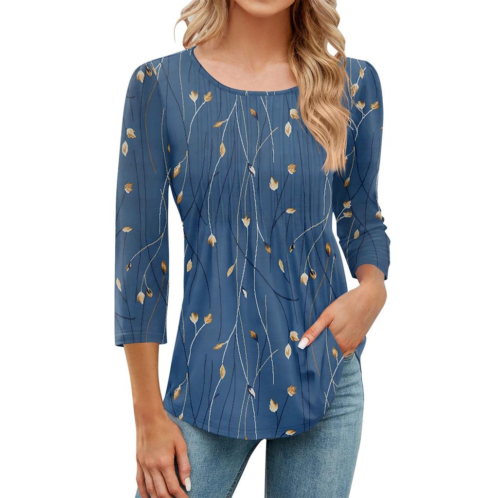 Женская модная повседневная плиссированная футболка с круглым вырезом и принтом для отдыха с рукавом семь четвертей