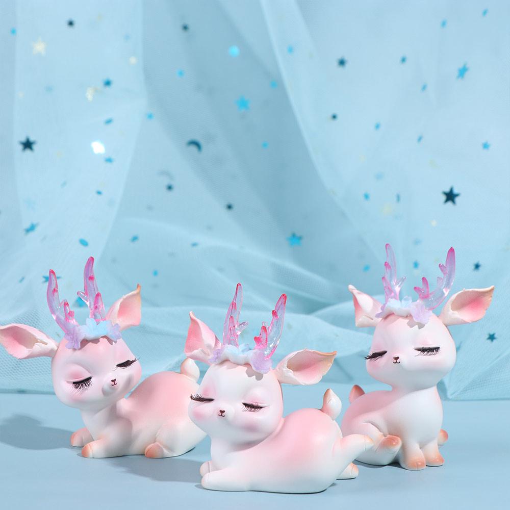 Kawaii Pink Sleeping Deer Figurine Cartoon Deer Birthday Cake Decor Office