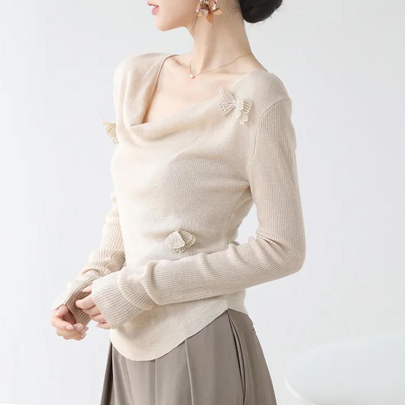 Топы для женщин Пуловер Длинный рукав V-образный вырез Осень Зима Теплый Приталенный Утолщенный Топ