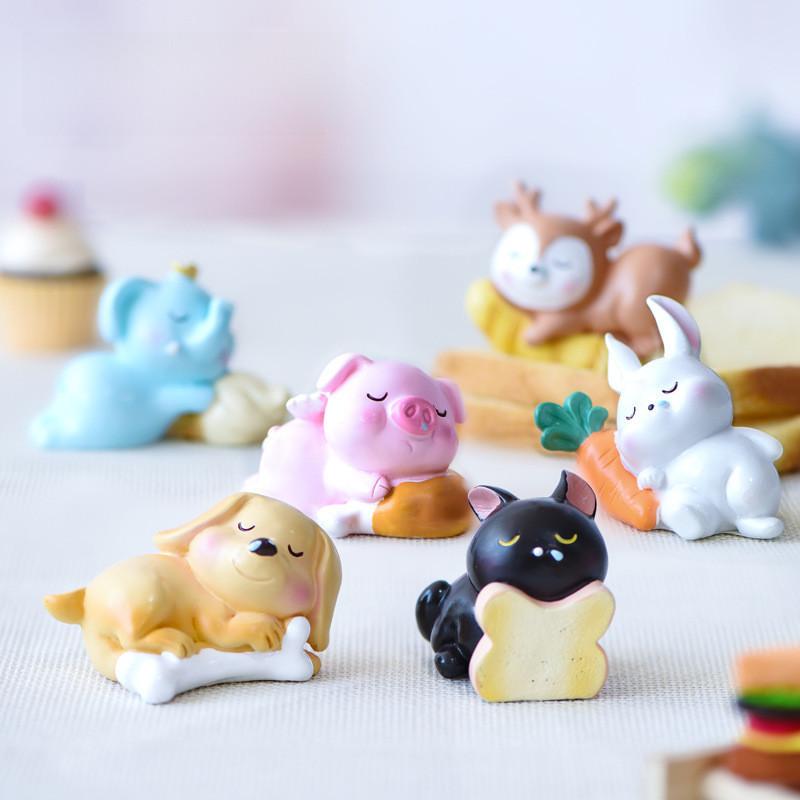 Cartoon Style Resin Sleeping Animals Pig Rabbit Cat Dog Miniatures For Fairy Gardens