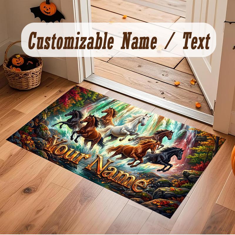 Horse Theme Soft Crystal Velvet Rug Custom Name & Text Print Non Slip Floor Rug for Bedroom Living Room
