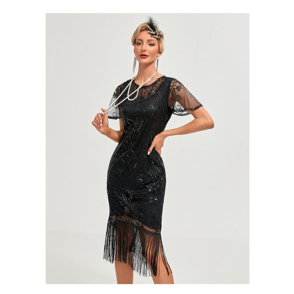 1920S Retro Ball Embroidered Tassel Dress Party Large Size Sequined Beaded Mesh Dress