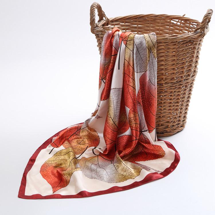 [BYSIFA] New Spring Silk Scarf Shawl Fashion Accessorries Muslim Women Head Scarf 90*90cm Elegant Leaves Pattern Square Scarves