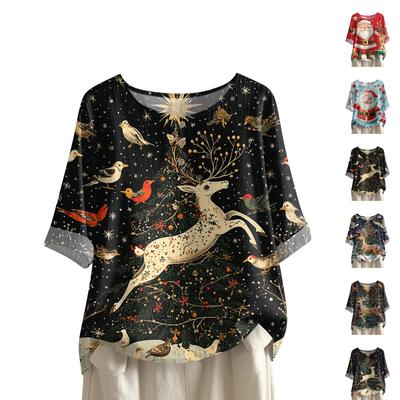 Женская модная и повседневная рубашка с полурукавом, круглым вырезом, принтом, из хлопка и льна, блузка-топ