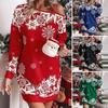 Women Dress Hollow Out One Shoulder Loose Snowflake Print Color Matching Christmas Style Long Sleeve Above Knee Length Mini Dress