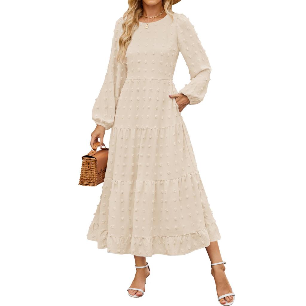 Women's Casual Round Neck Polka Dot Tiered Long Sleeve Ruffle Pocket Dresses