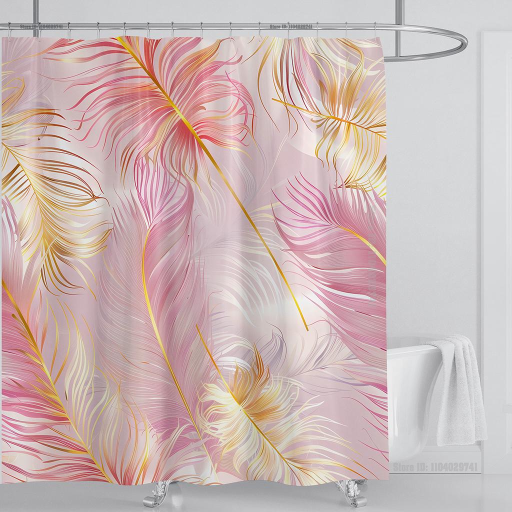 3D Feather Shower Curtain Set Colorful Printed Design Fabric Bathroom Decoration Waterproof Washable Shower Curtain with Hooks