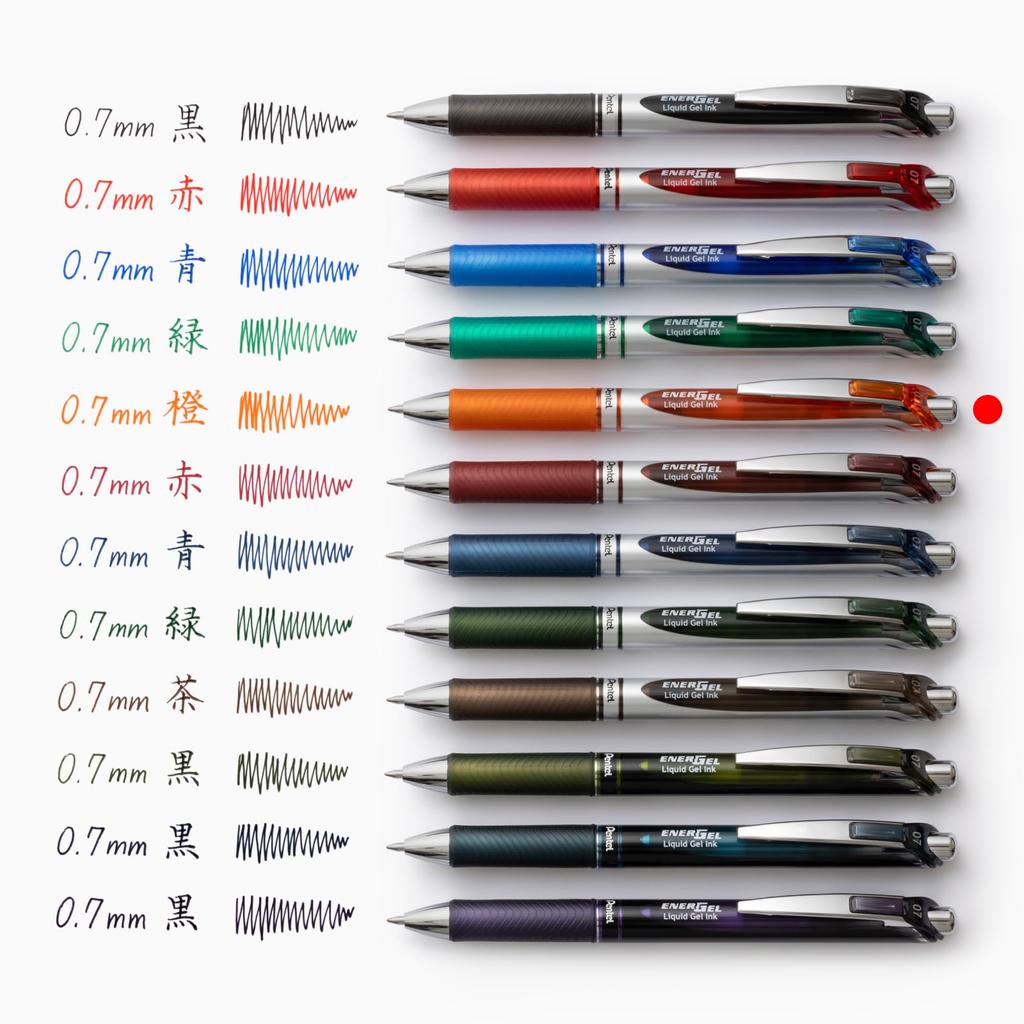 Pentel Energel Gel Ink Ballpoint Knock Silver 10 Pens Pen, Type, 0.7mm, Barrel, BL77-F, Orange,