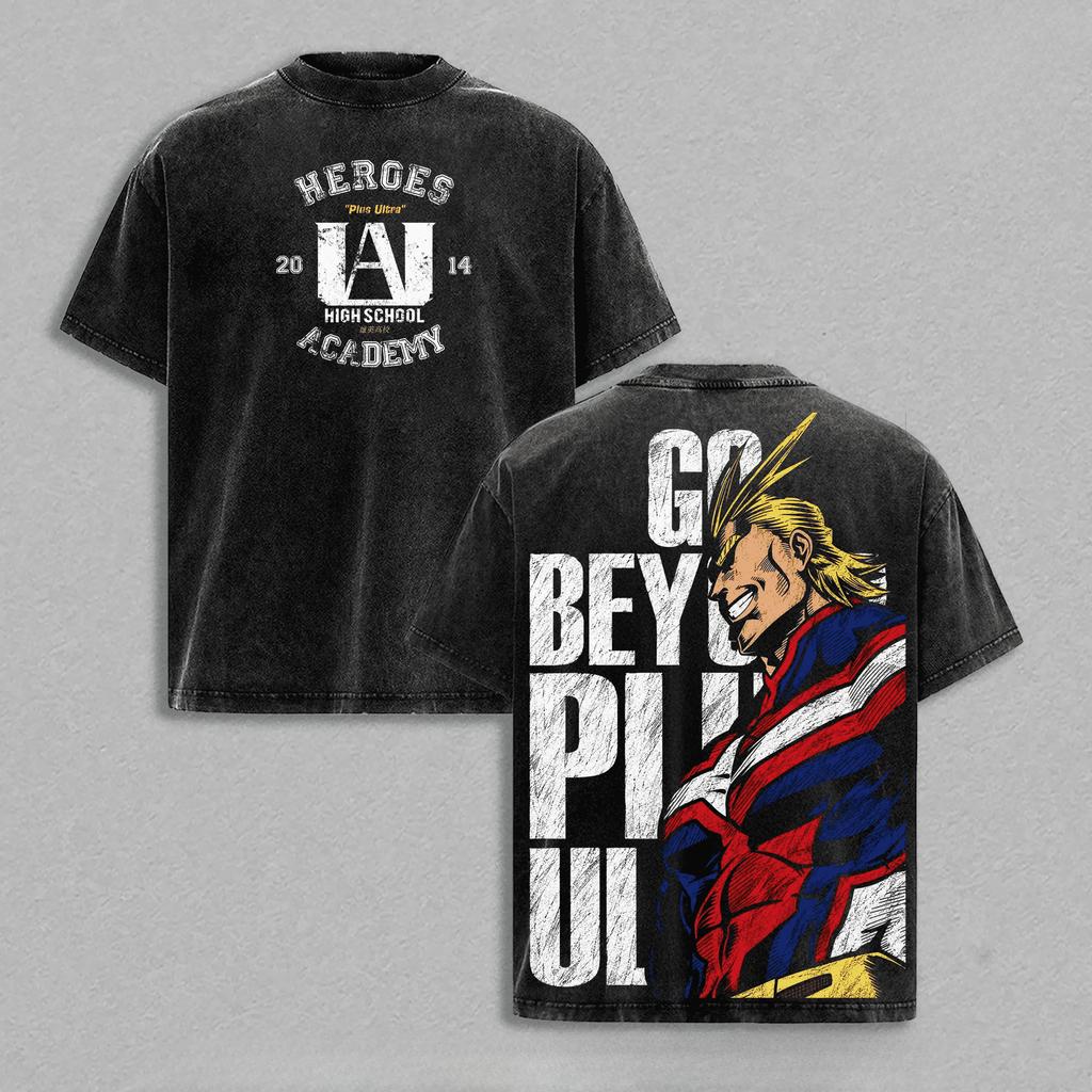 T-shirt Harajuku Anime My Hero Academia All Might, t-shirt vintage délavé pour hommes, vêtets d'été à ches courtes en coton