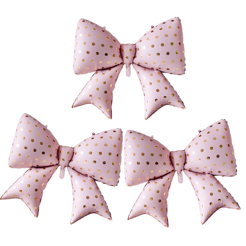 3Pcs 38-Inch Jumbo Bowknot Foil Balloons, Matte Pink Balloons with Gold Polka Dots, Elegant Bow Shape Mylar Balloons for Wedding