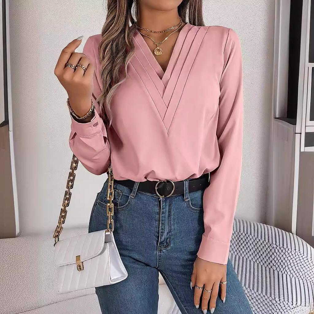 GMXIA Elegant Solid-color Layered V-neck Long-sleeved Women's Shirt for Autumn and Winter