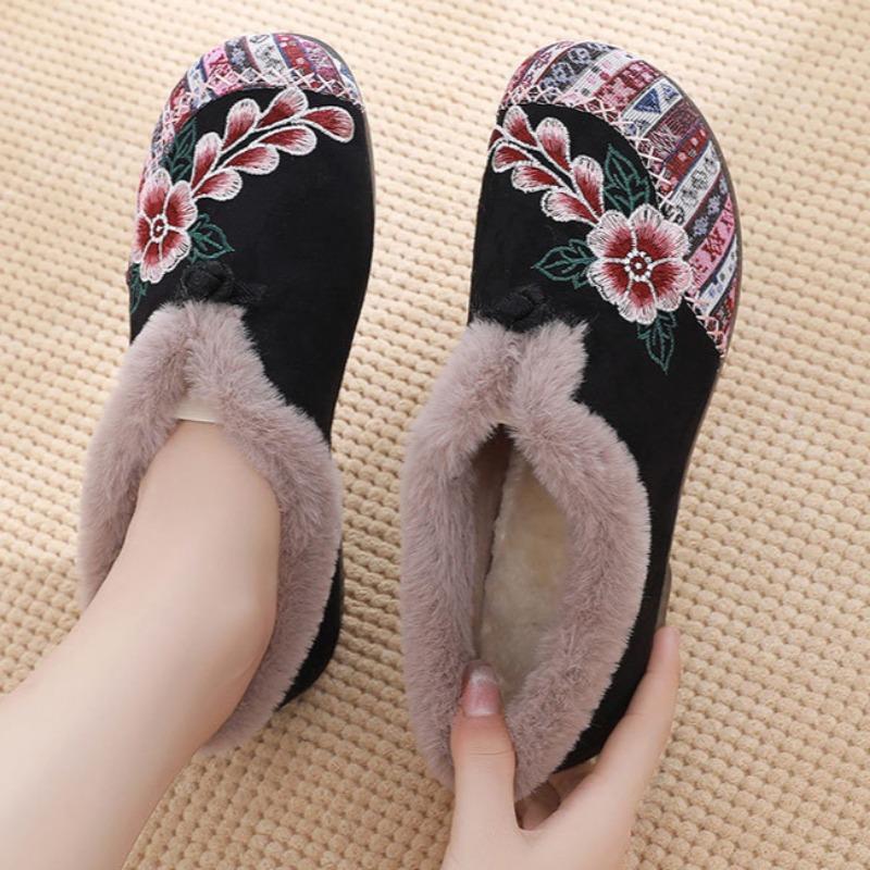 Модная женская обувь из короткого плюша, теплая зимняя хлопковая обувь в этническом стиле с вышивкой, с круглым носком, на плоском каблуке, лоферы, удобная нескользящая ретро-обувь для мамы