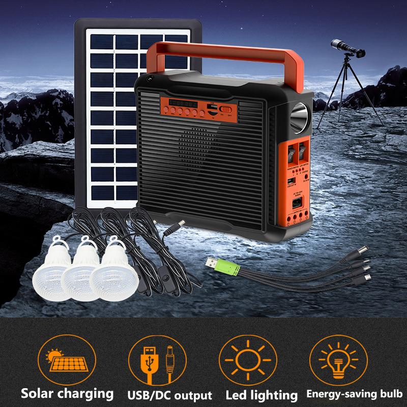 Solar Light Solar Power Panel Generator Kit with 3 LED Bulbs Bluetooth Radio Speaker for Outdoor Camping Emergency Power Supply