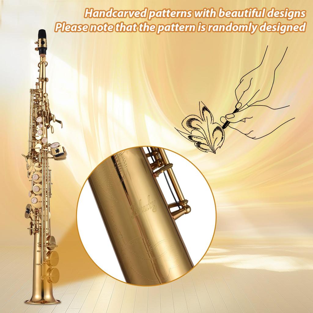 Btuty сопрано саксофон прямой саксофон медный си бемоль си бемоль деревянный духовой инструмент для студентов начинающих профессиональный чехол перчатки чистящая салфетка
