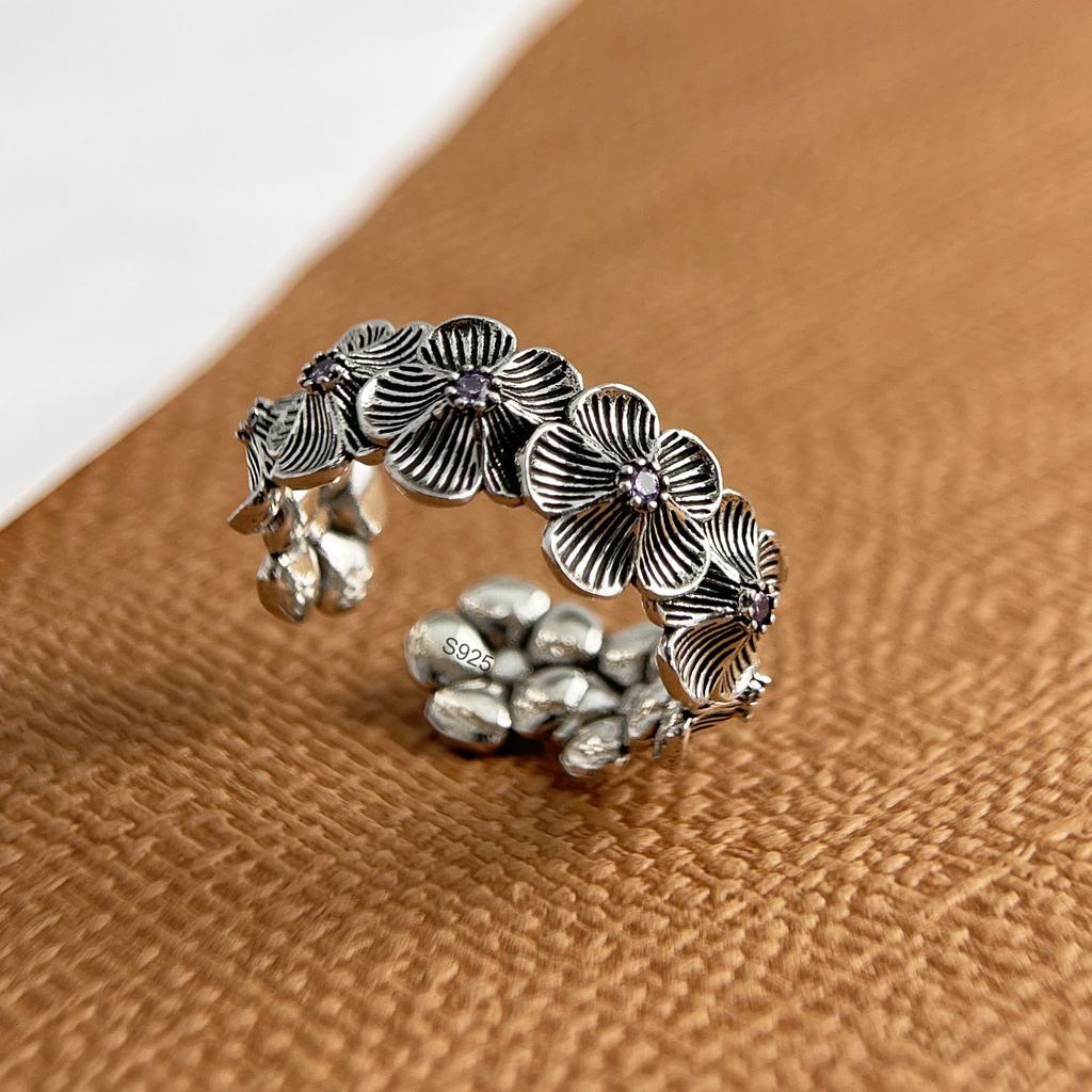 925 Sterling Silver Rings for Women Couple Minimalist Handmade Simple Retro Flower Zircon Ring Fine Jewelry Gift Prevent Allergy