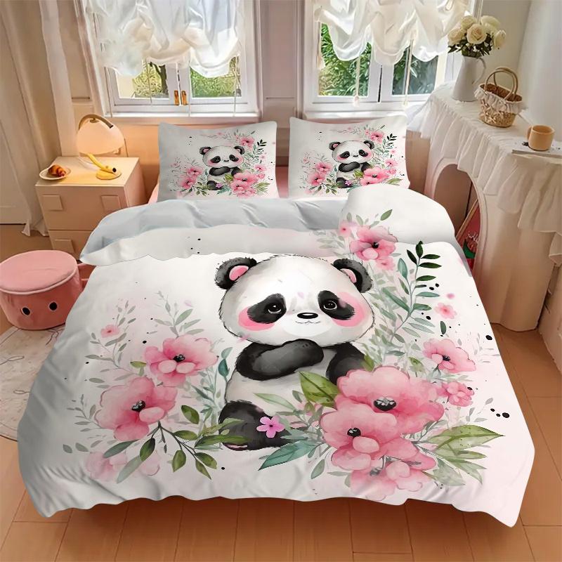 3pcs Flowers & Panda Art Pattern Bedding Three-Piece Set (No Fillings), Soft and Comfortable M055
