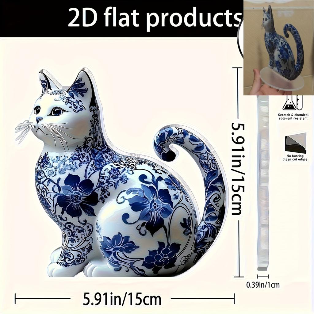 Элегантный Сине-Белый Фарфоровый Кот, Акриловый Декор для Стола, 2D Плоский Арт-Дизайн, Бохо Стиль для Домашнего Офиса, Бара, Кафе, Идеальный Подарок для Любителей Кошек, Ко Дню Святого Валентина