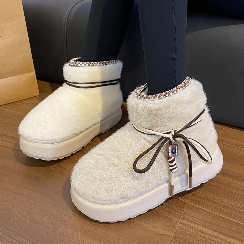 Женские домашние тапочки из искусственного меха, удобные повседневные зимние ботинки без застежек, теплые зимние ботинки на толстой платформе с меховой подкладкой для женщин