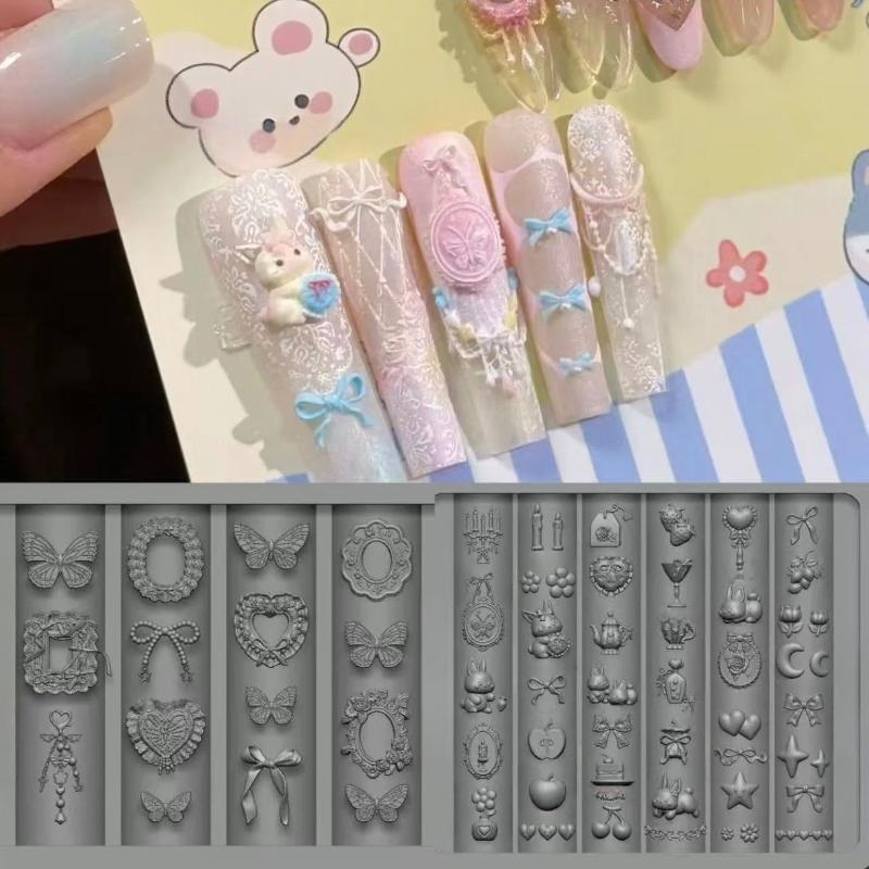 3D Силиконовая форма для дизайна ногтей, рельефный бант, клубника, барочный узор, маникюрные шаблоны, пластины, инструменты, аксессуары