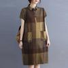 Summer Dark Grid Print Lapel Short Sleeved Dresses Women Pocket Simple and Loose Casual Mid Length Shirt Dress