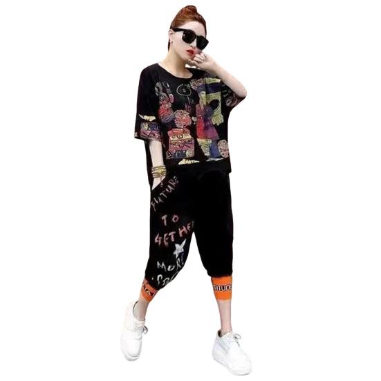 Женский комплект из 2 шт./компл., футболка с V-образным вырезом в стиле хип-хоп и принтом, брюки, топ с ремешками на щиколотке