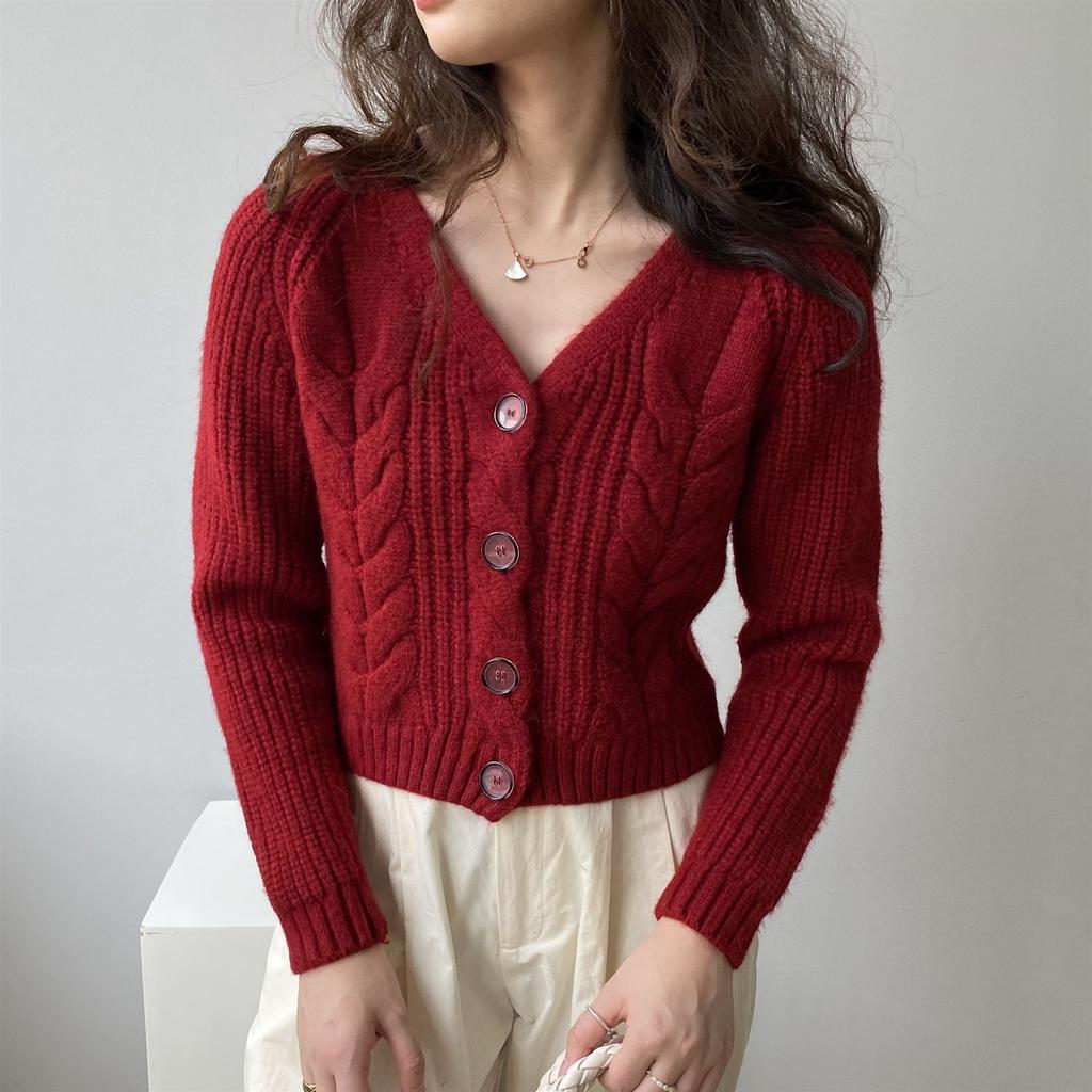 Early Autumn Short Twist Design Jacket Women's Small V-neck Single-breasted Solid Color Knitted Long-sleeved Cardigan