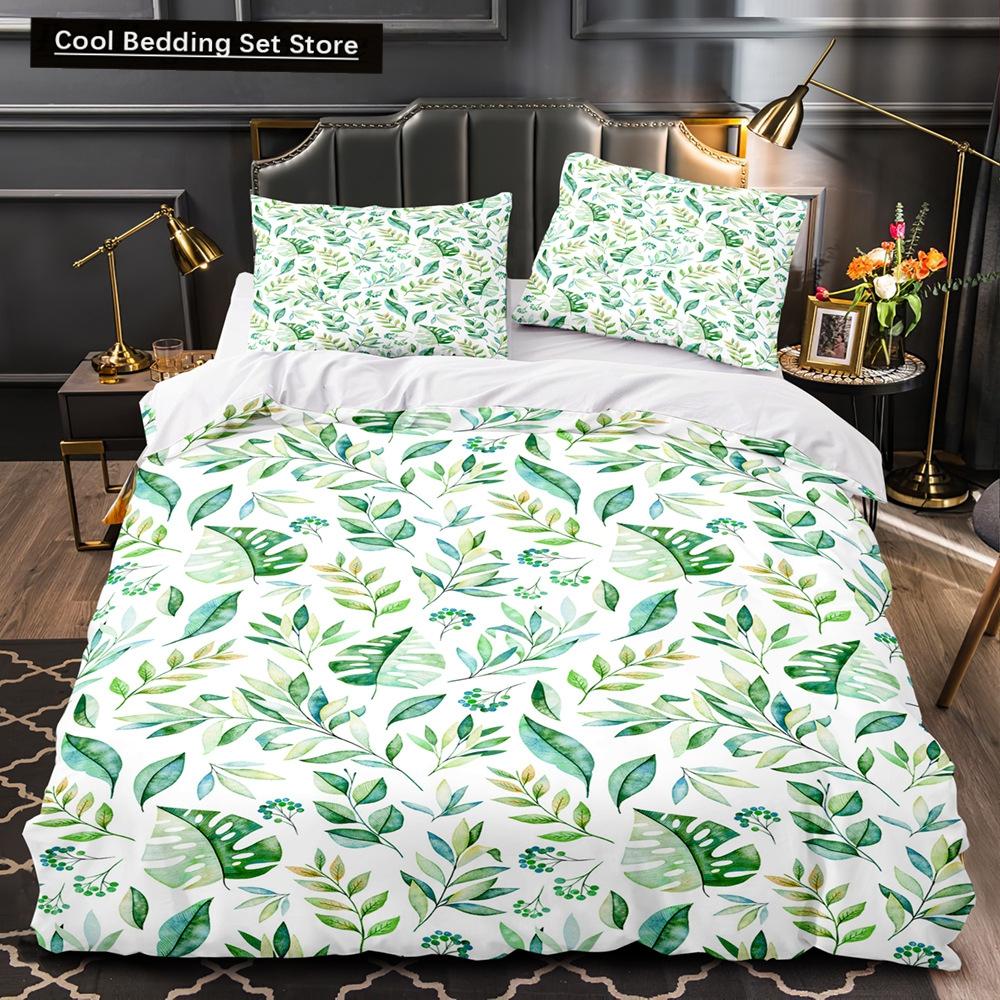 Тропические растения Цветочный пододеяльник King Queen Комплект постельного белья с зелеными пальмовыми листьями Кремовые цветы 2/3 шт. Полиэстеровый пододеяльник