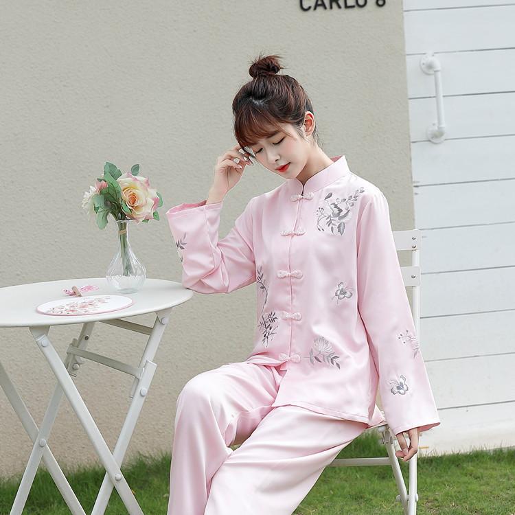 Pritning Flower Chinese Pajamas Sleep Set Shirt Pant Stand Collar Nightwear 2Pcs Embroidery Silk Vintage Button Sleepwear