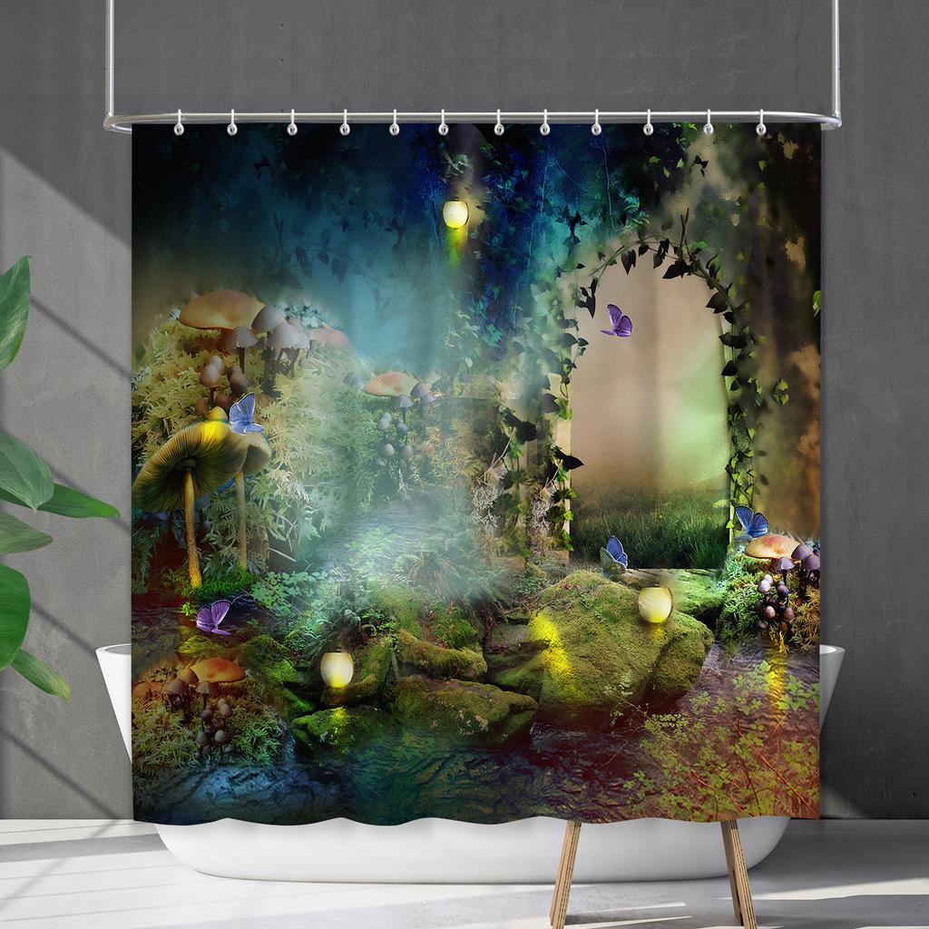 Водонепроницаемая штора для ванной, цифровая печать, растение, гриб, занавеска для душа, без пробивки, перегородка для туалета, ткань для душа