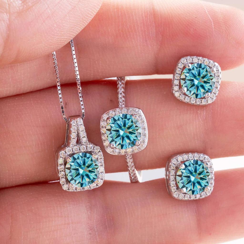 925 Sterling Silver Women's Round Cut D Color Moissanite Jewelry Set Real 925 Silver Pendant Necklace And Stud Earrings For Women Fine Jewelry