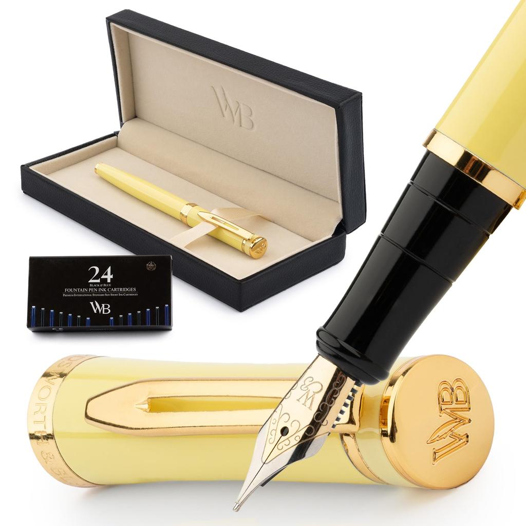 Wordsworth Black Fountain Pen 18K Medium Ink Ink Refill Converter Gift Gold Ideal for Men and Women & Set, Gold-Plated Nib, 24-Pack Cartridges, & Box,