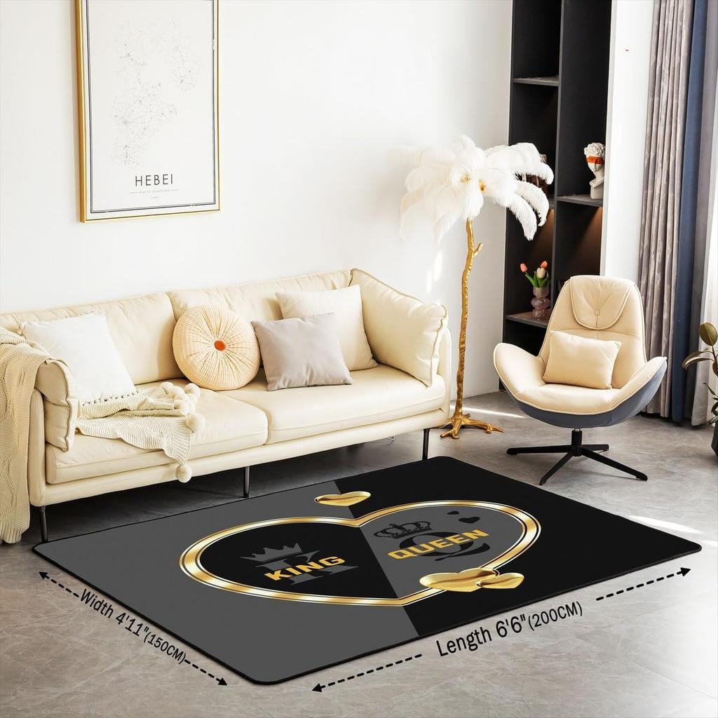 King and Queen Crown Area Rug Romantic Gold White Loving Heart Rugs for Living Room 39"x59",Couple Lover Gray and Black Washable Rug,Wedding