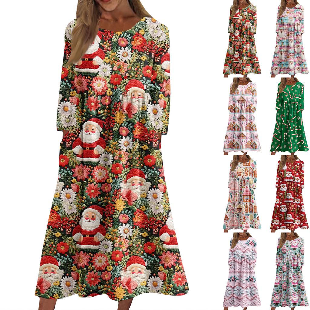 Women's Casual Round Neck Christmas Print Midi Dress Long Sleeve Pocket Dress