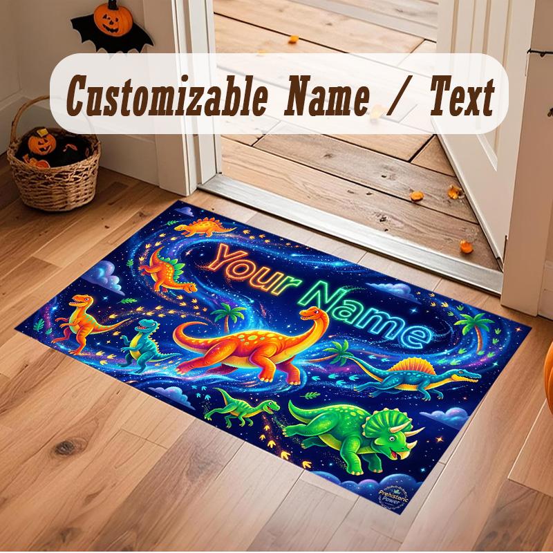 Dinosaur Theme Soft Crystal Velvet Rug Custom Name & Text Print Non Slip Floor Rug for Bedroom Living Room