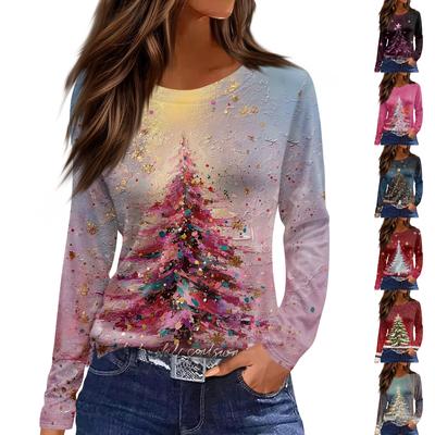 Женская мода повседневный топ с разрезом по низу и рождественским принтом с круглым вырезом и длинными рукавами
