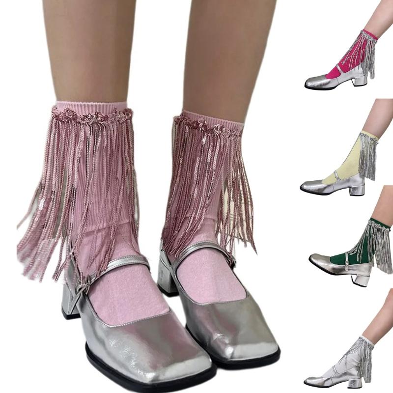 Womens Harajuku Sequins Tassels Decorative Trim Calf Sock 90s Solid Rib Middle Tube Sock Nightclub Party Stockings