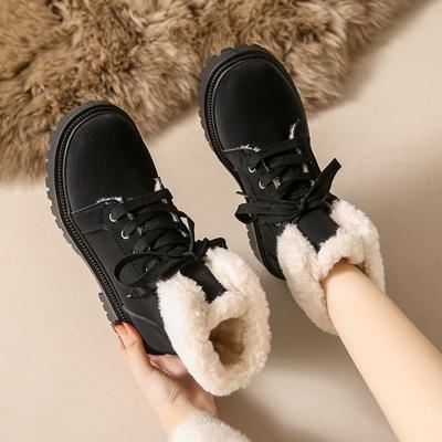 Женские зимние теплые мотоциклетные ботинки 2024 года, толстые плюшевые ботинки из искусственного меха, женские ботинки из искусственной кожи со шнуровкой, нескользящие, из хлопка, Botas Mujer